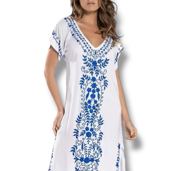 V Neck White Blue Embroidery Side Split Long Kaftan Dress Cover Ups - Picture 1 of 4
